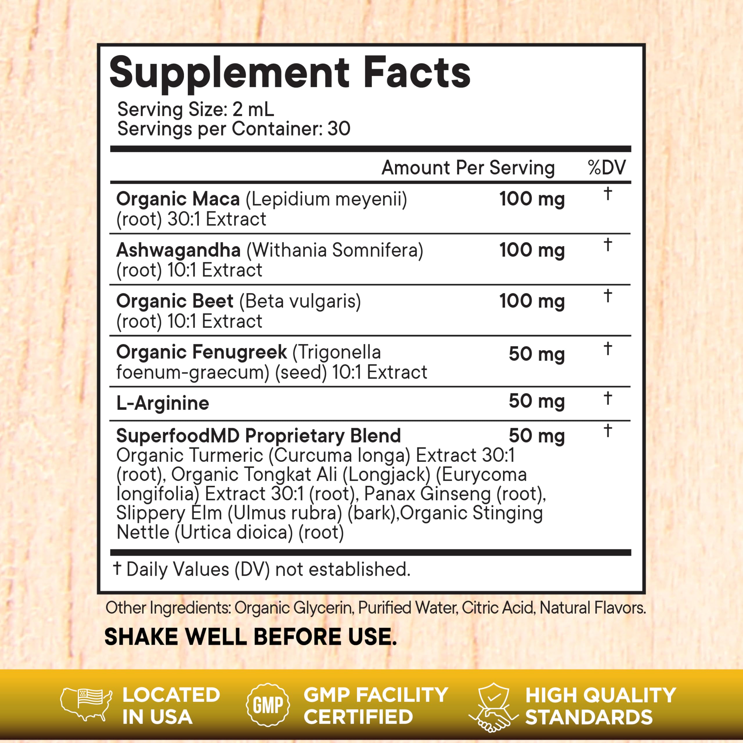 Superfood MD adaptogenic liquid supplement side panel highlighting the complete ingredient list and nutritional facts