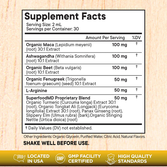 Superfood MD adaptogenic liquid supplement side panel highlighting the complete ingredient list and nutritional facts