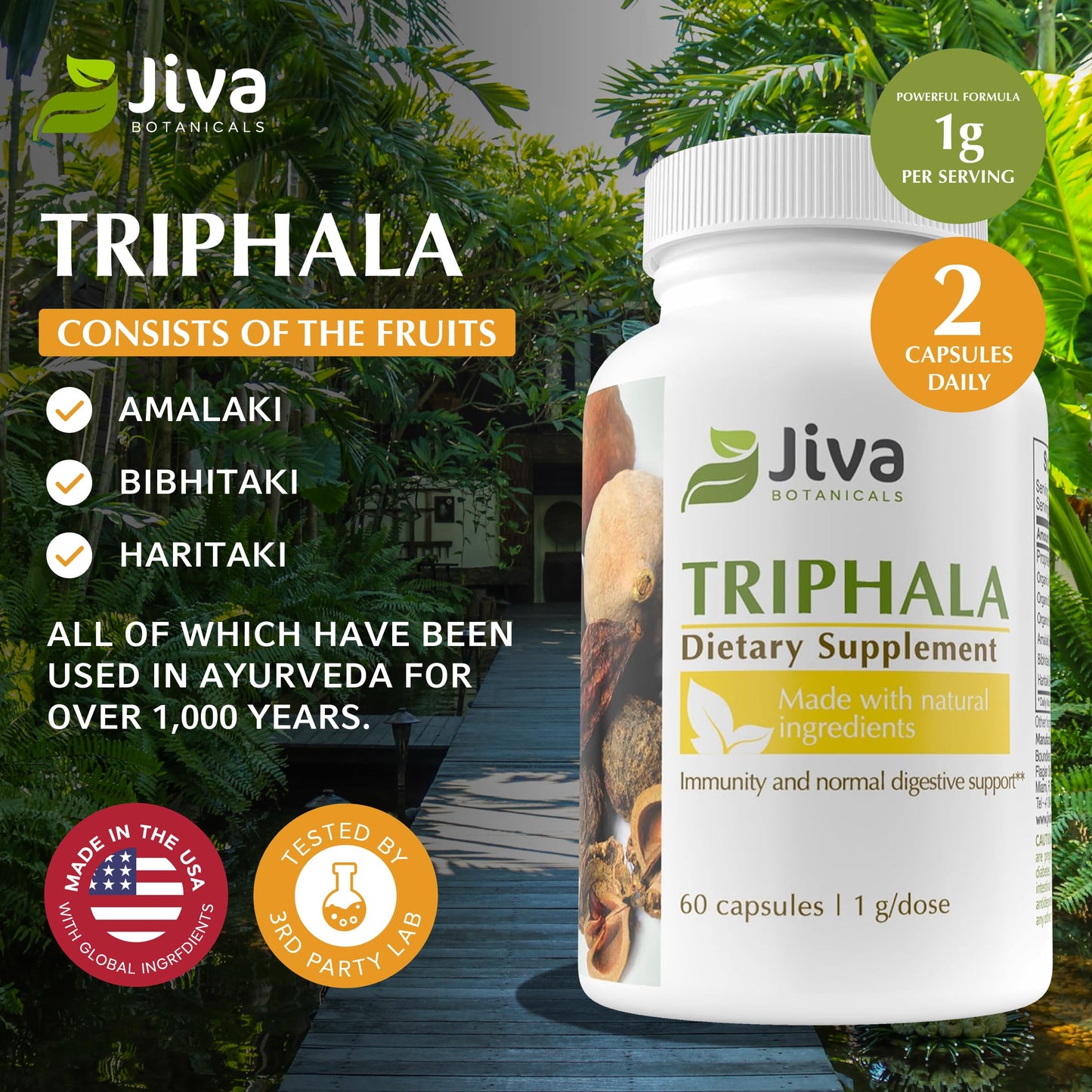 Premium imported Triphala 1000 milligrams vegan capsules by Jiva Botanicals