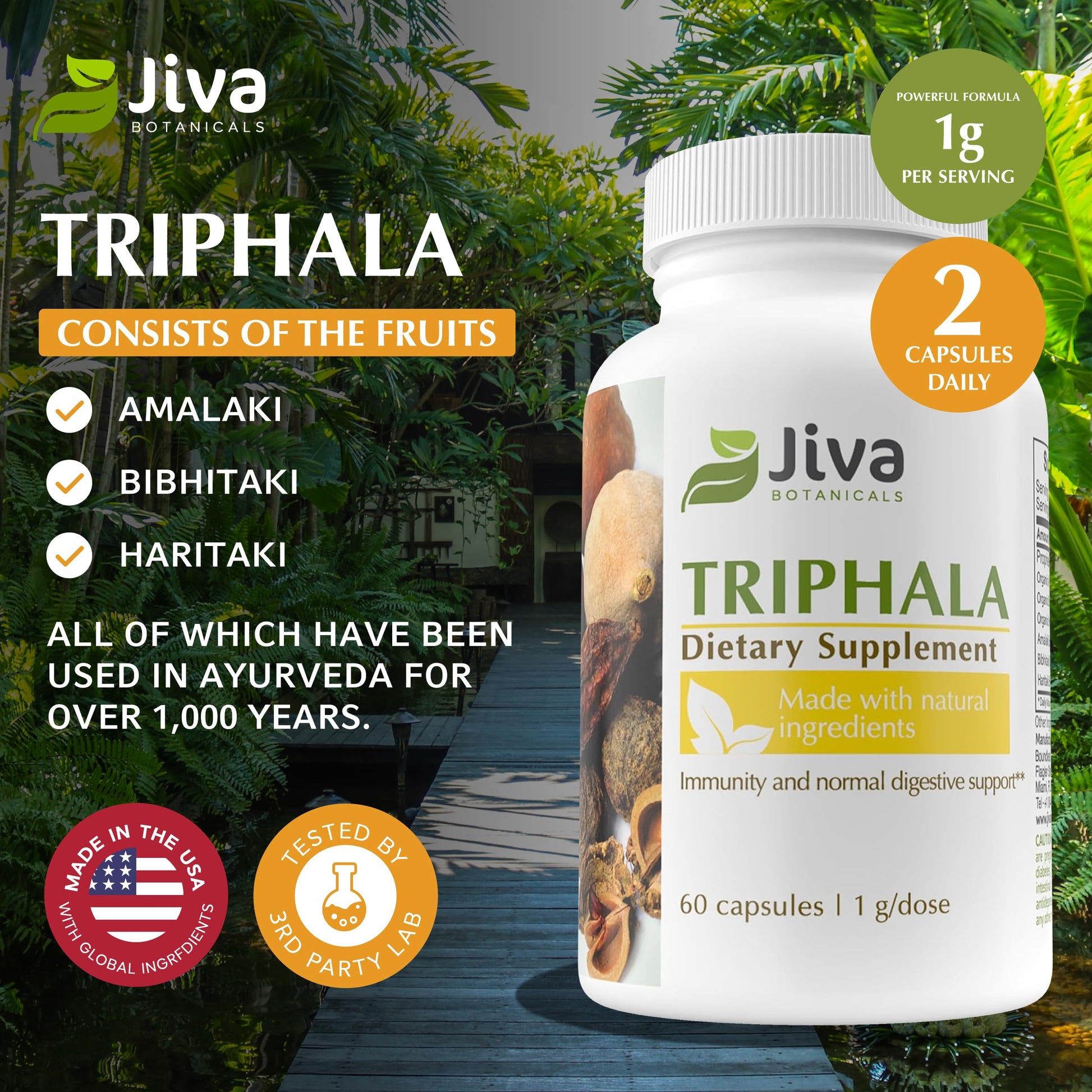 Premium imported Triphala 1000 milligrams vegan capsules by Jiva Botanicals