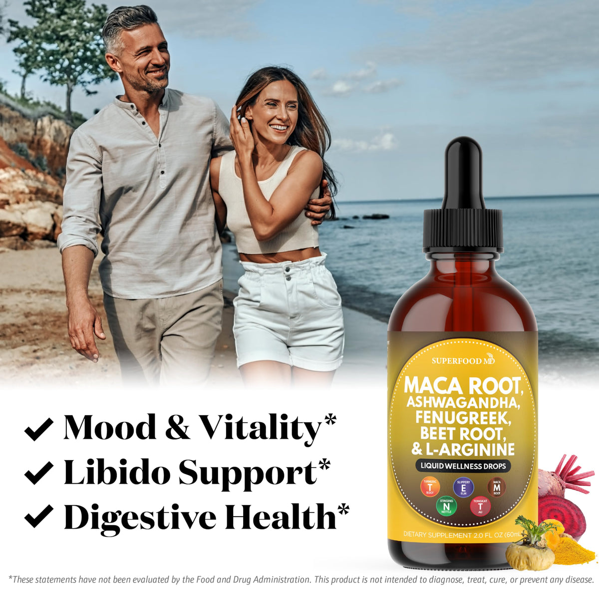 Premium imported packaging of Superfood MD Maca Root extract highlighting the non GMO and sugar free certifications