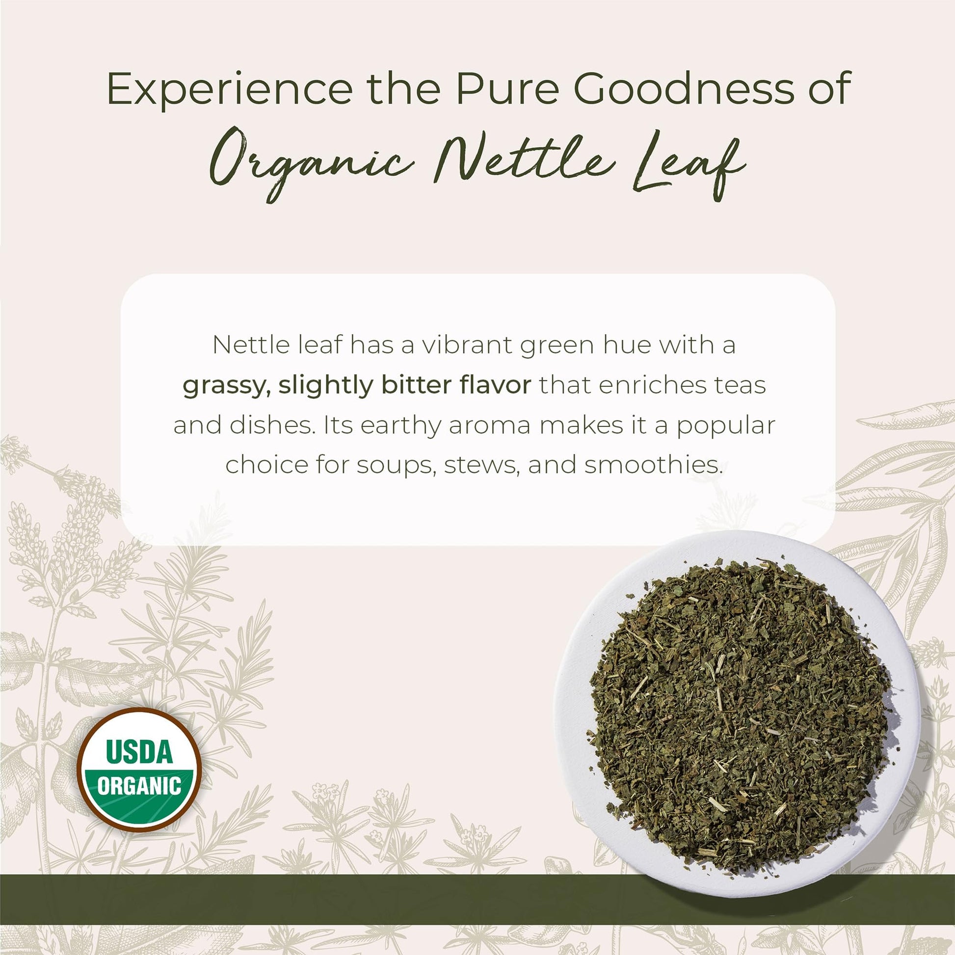 Close up of Starwest Botanicals cut and sifted nettle leaf texture