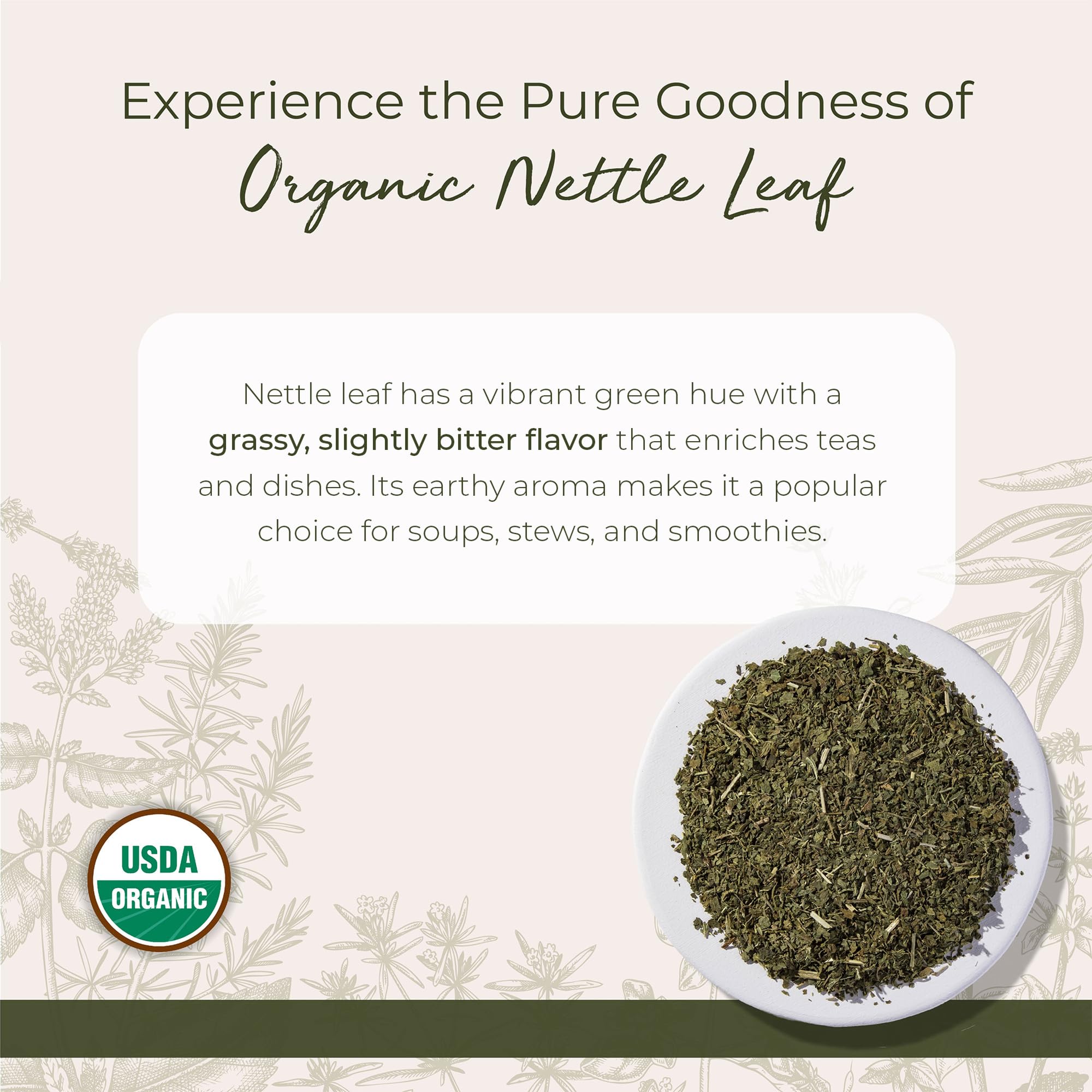 Close up of Starwest Botanicals cut and sifted nettle leaf texture
