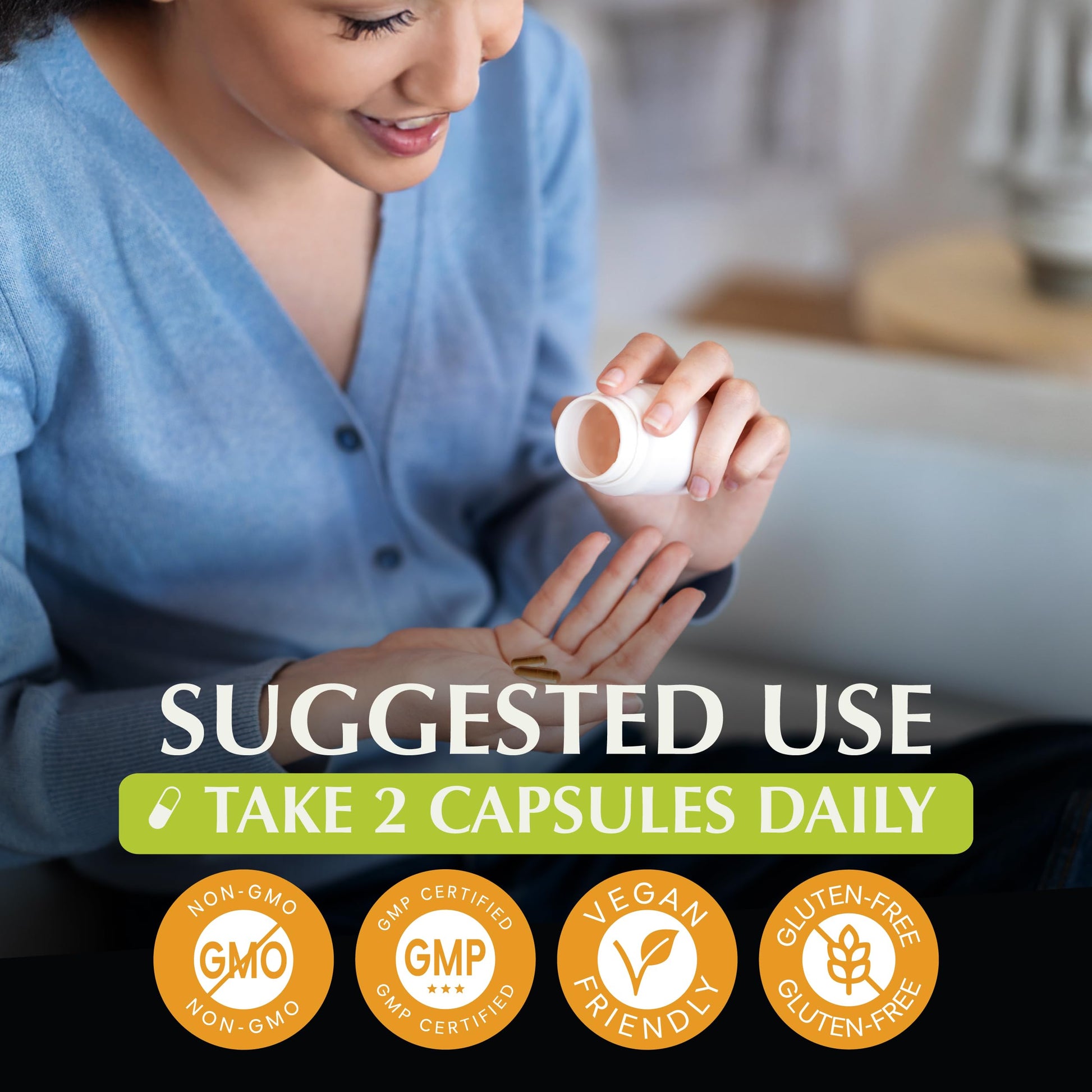 Close up of non GMO plant based Triphala digestive support supplement capsules