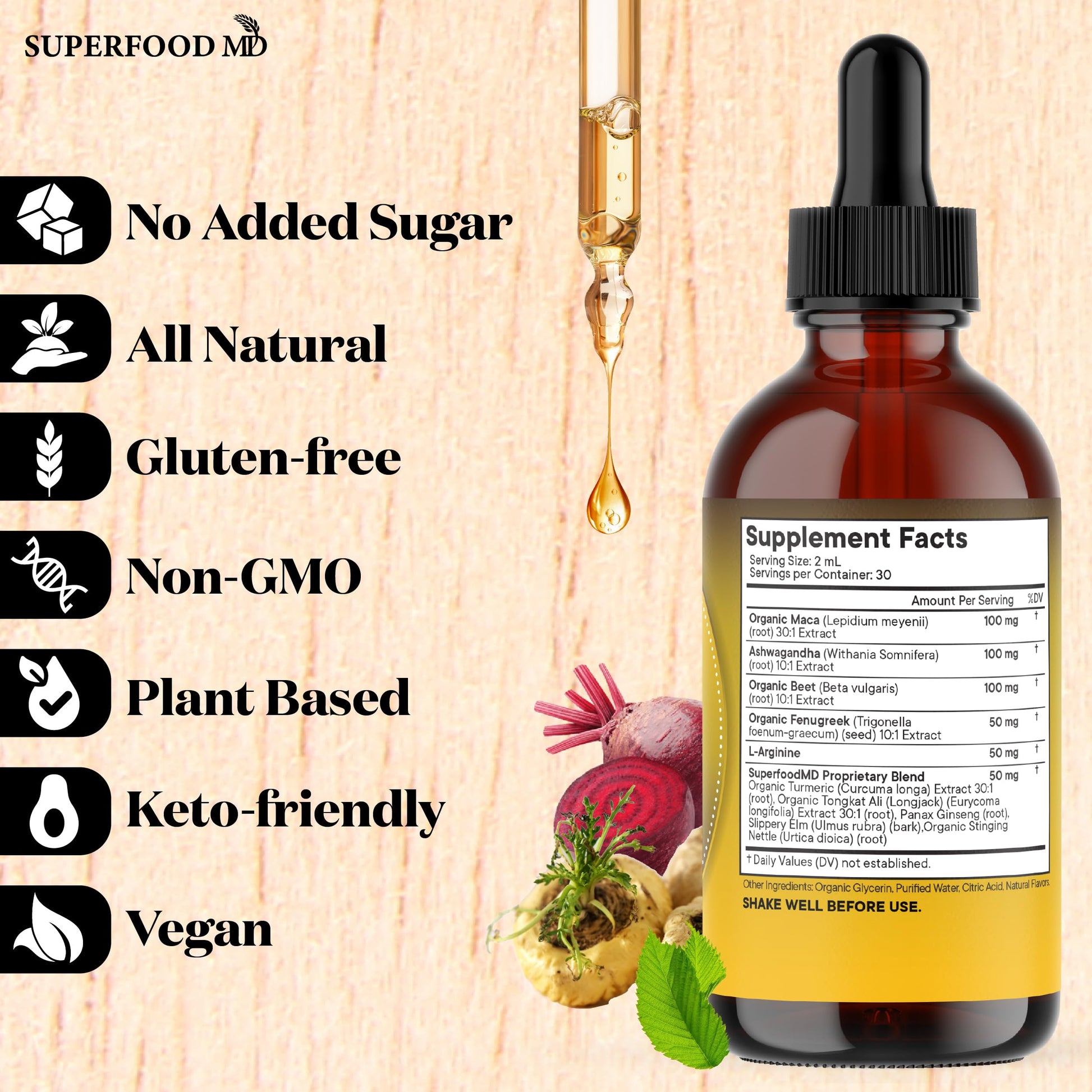 Back label of Superfood MD liquid multivitamin displaying usage instructions and manufacturing details from the USA
