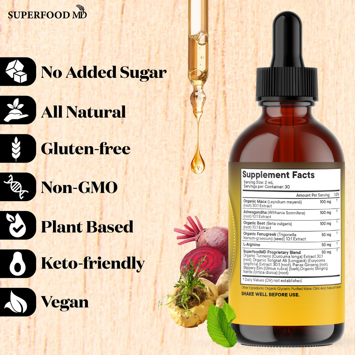 Back label of Superfood MD liquid multivitamin displaying usage instructions and manufacturing details from the USA