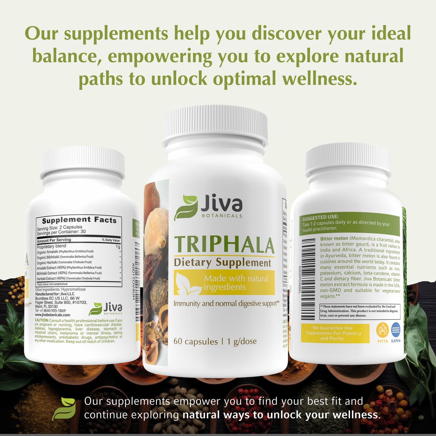 Jiva Botanicals Triphala dietary supplement packaging showing certified clean formula labels