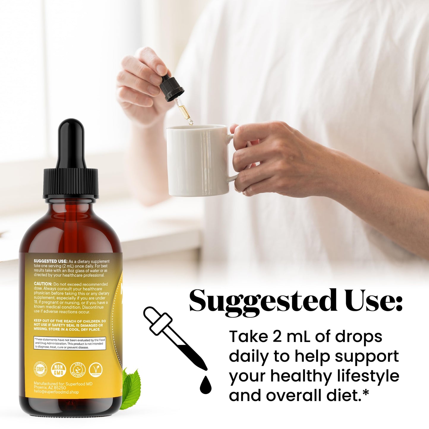 Full product range display of Superfood MD dietary drops demonstrating secure seal and authentic packaging