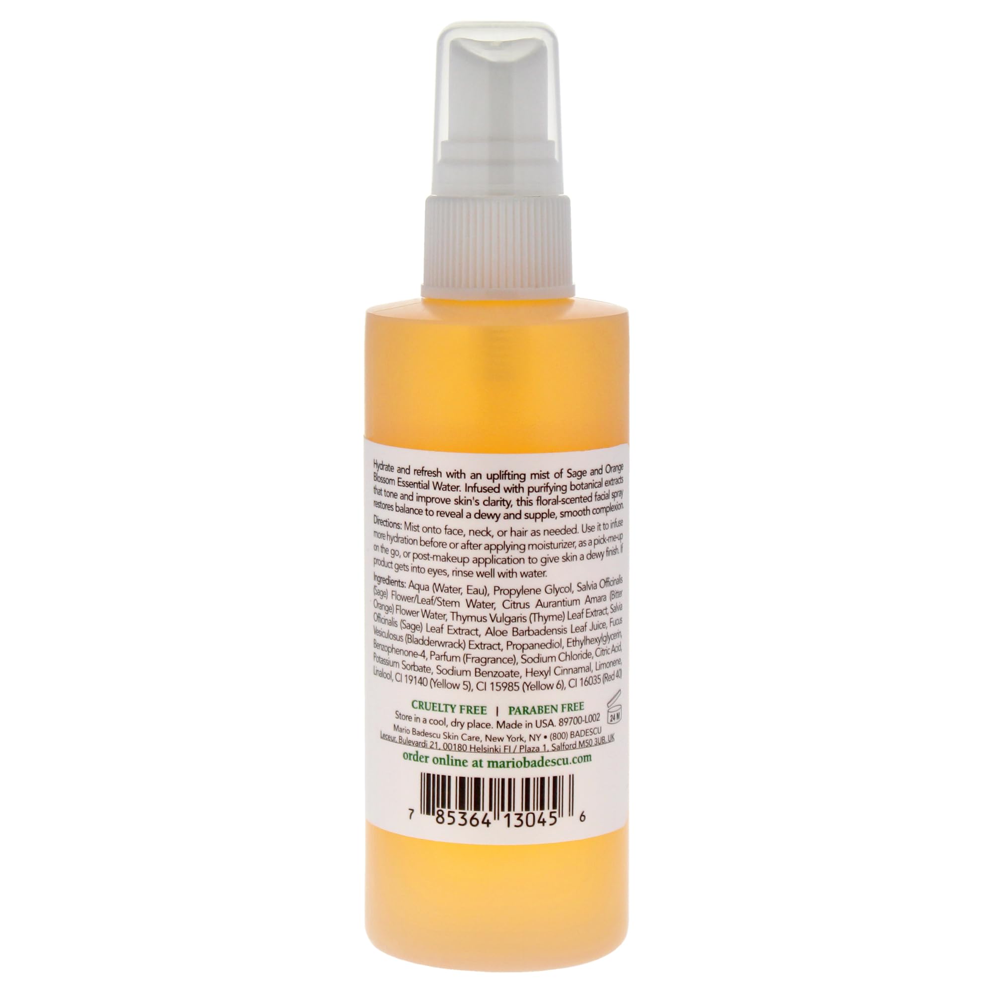 Mario Badescu orange blossom face mist close up showing product text and fluid color
