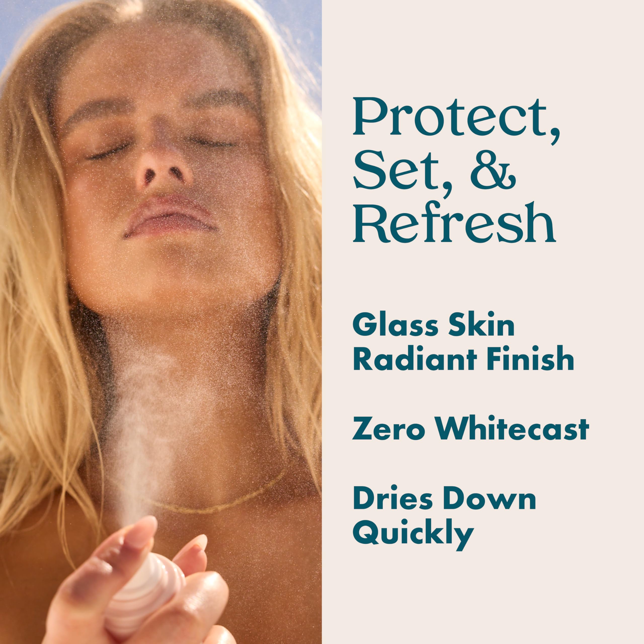 Kopari Sunglaze sunscreen mist application on face for glass skin finish