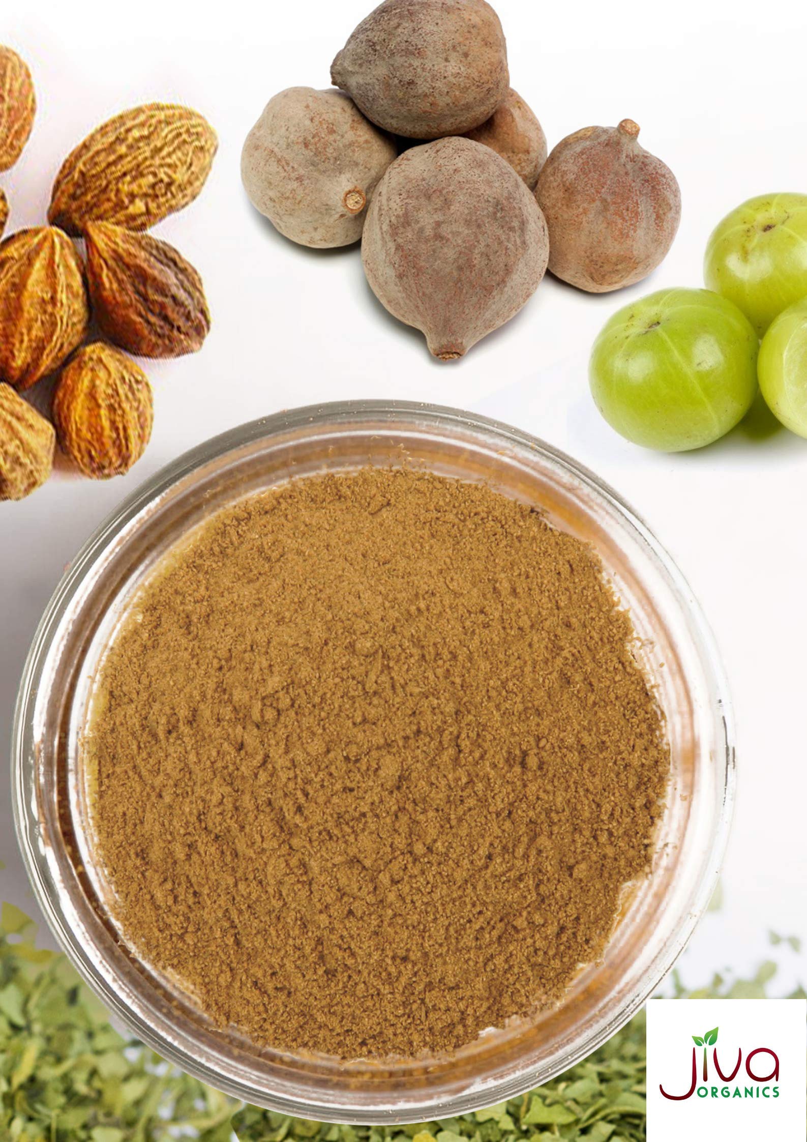 Organic Triphala Powder by Jiva Organics showing the fine ground herbal texture