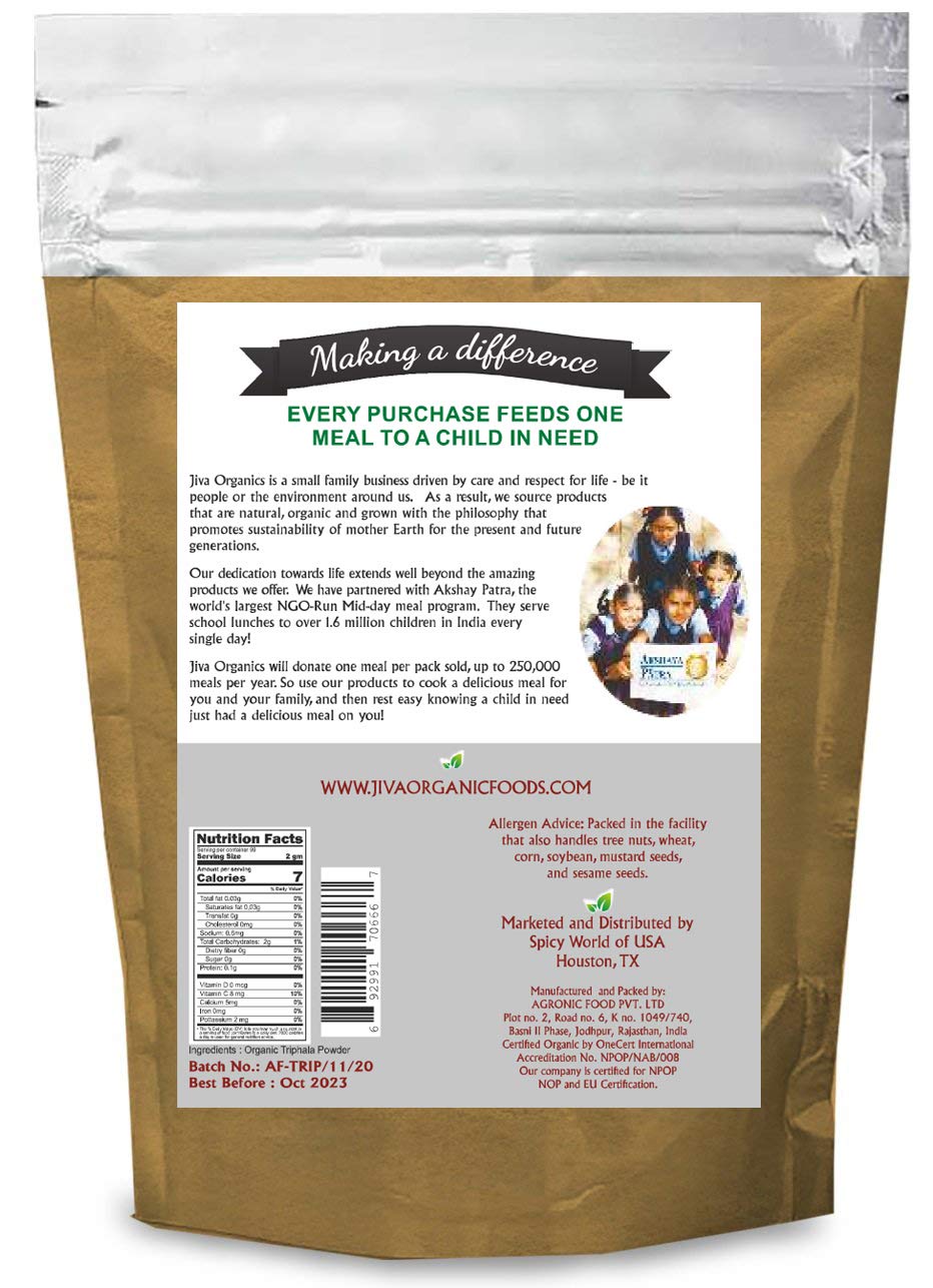 USDA certified organic Triphala powder packaging highlighting Non-GMO verification