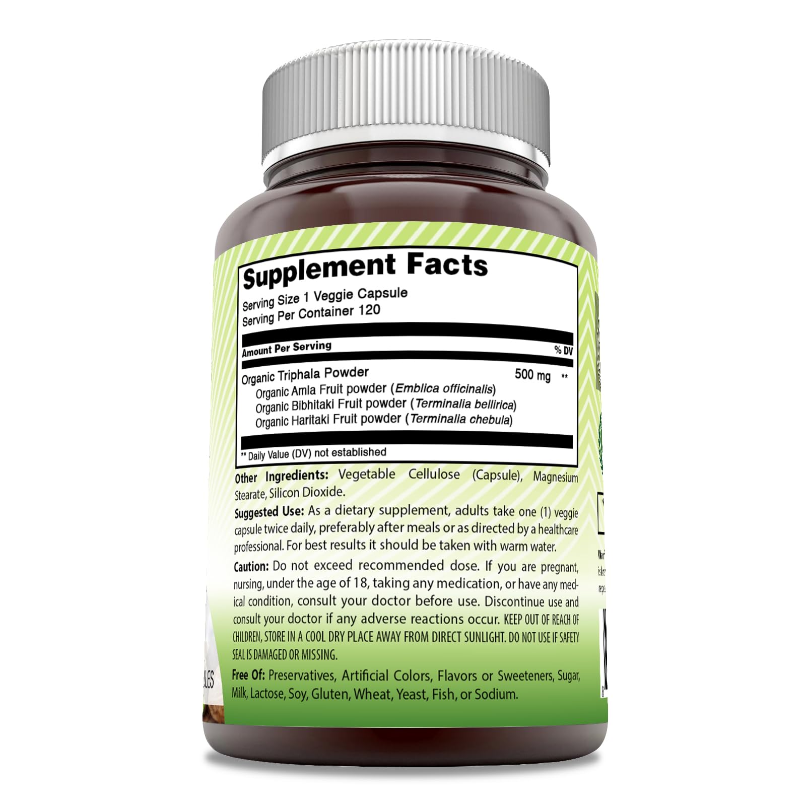 Amazing India Triphala 120 vegetarian capsules supplement facts panel