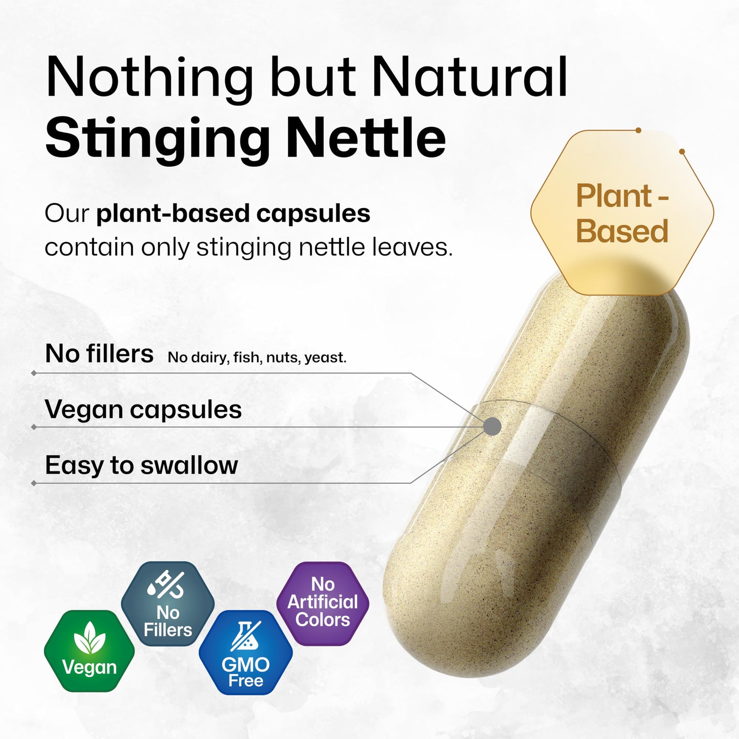 Premium herbal stinging nettle root capsules highlighting non-GMO and German technology certification