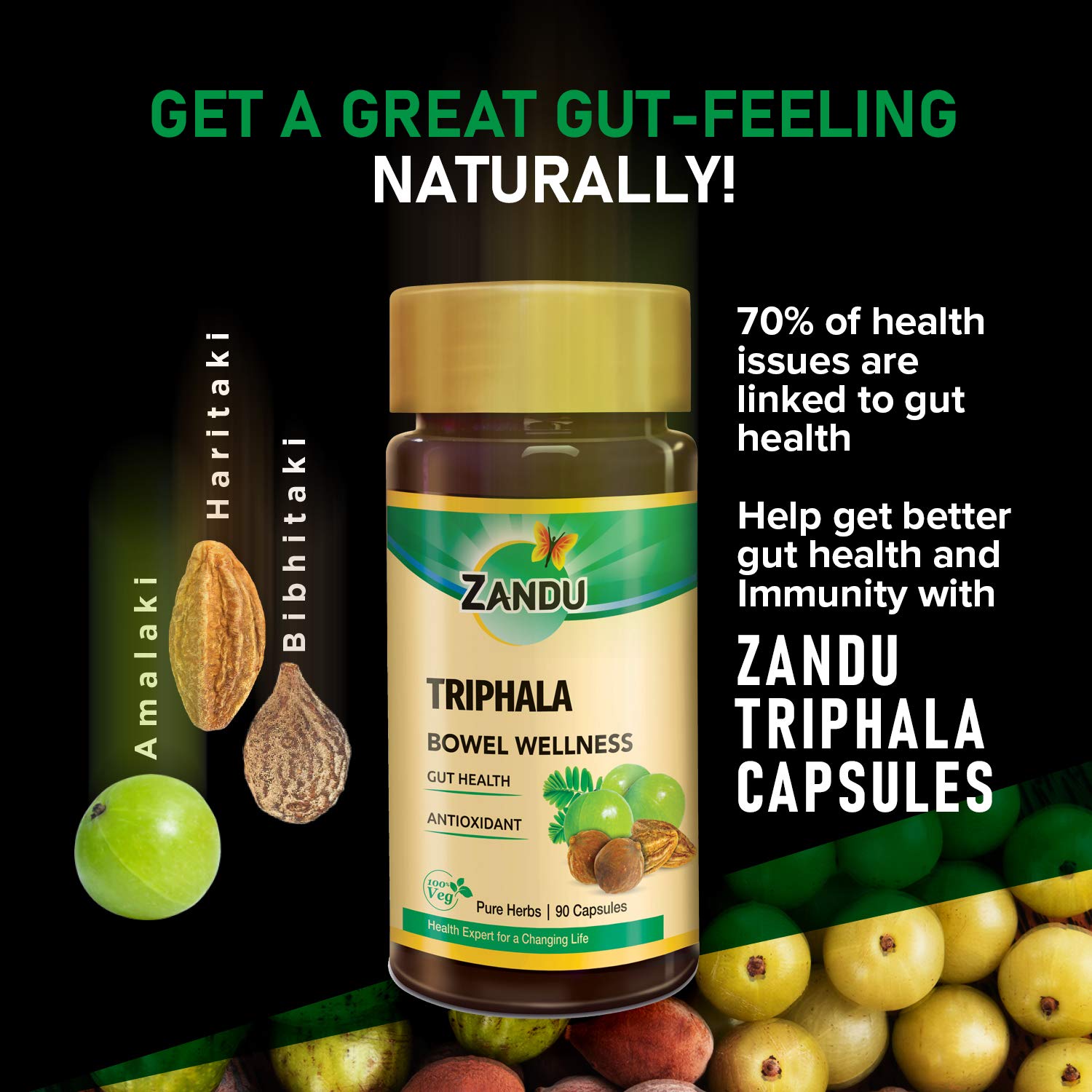 Zandu Triphala ninety vegetarian capsules product label showing premium Ayurvedic ingredients