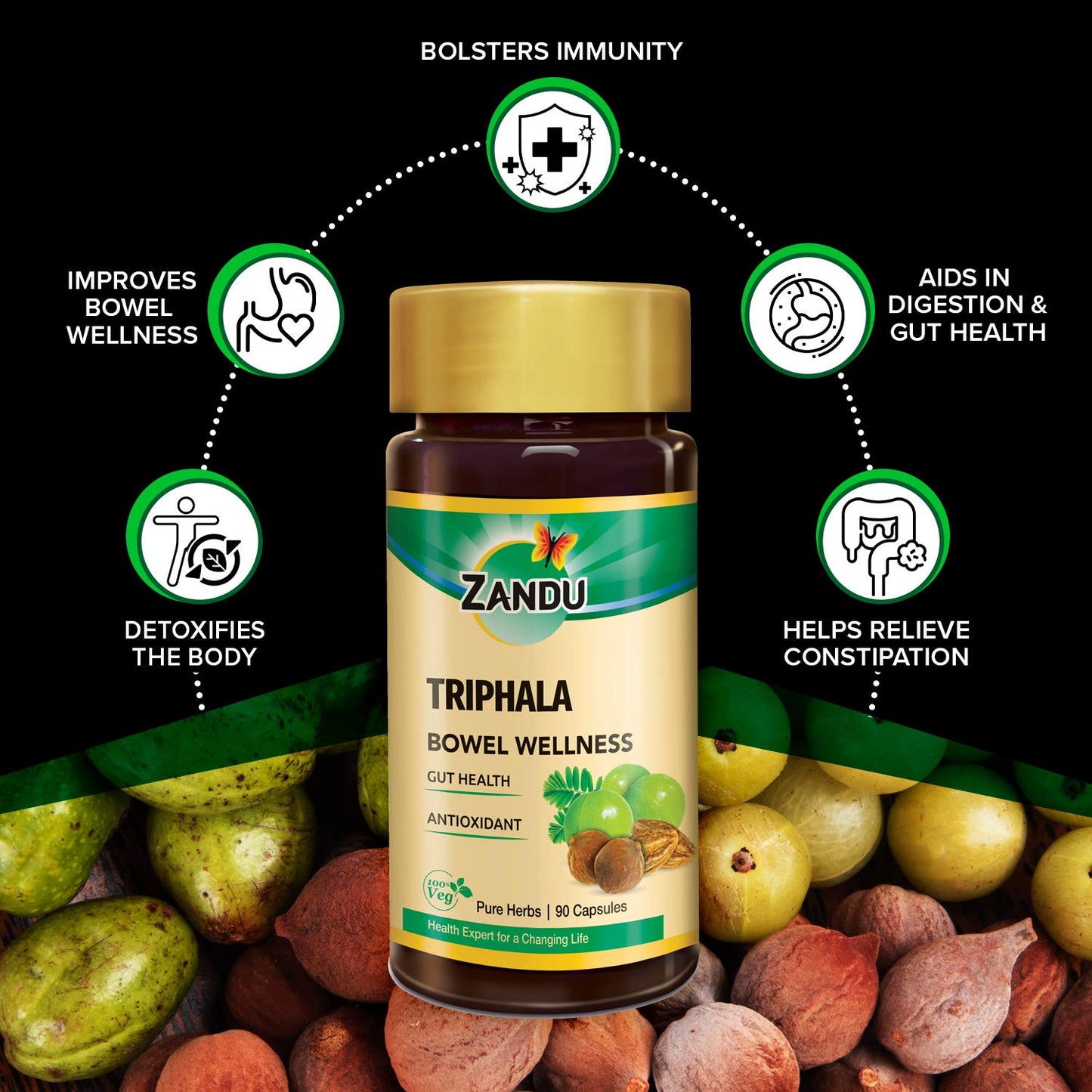 Side angle of Zandu Triphala bowel wellness supplements container for immune defense
