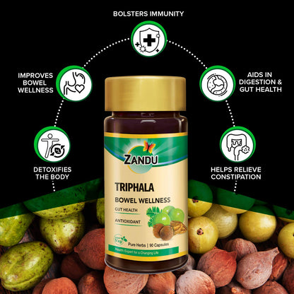 Side angle of Zandu Triphala bowel wellness supplements container for immune defense