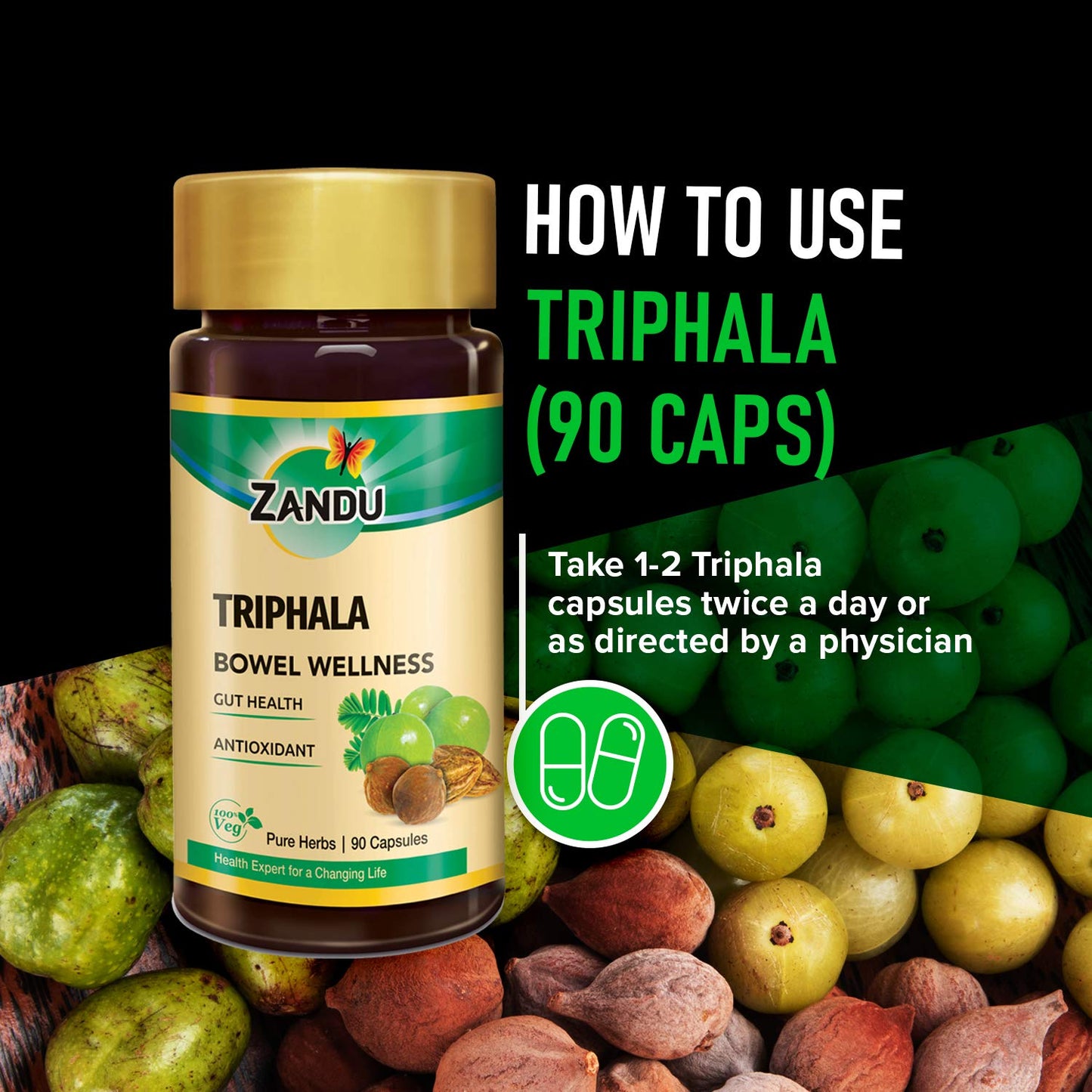 Back view of Zandu Triphala dietary supplement displaying pure herbal facts panel
