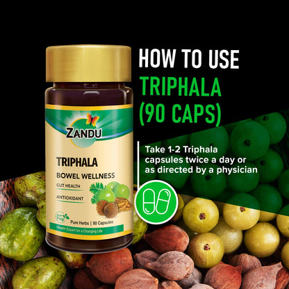 Back view of Zandu Triphala dietary supplement displaying pure herbal facts panel