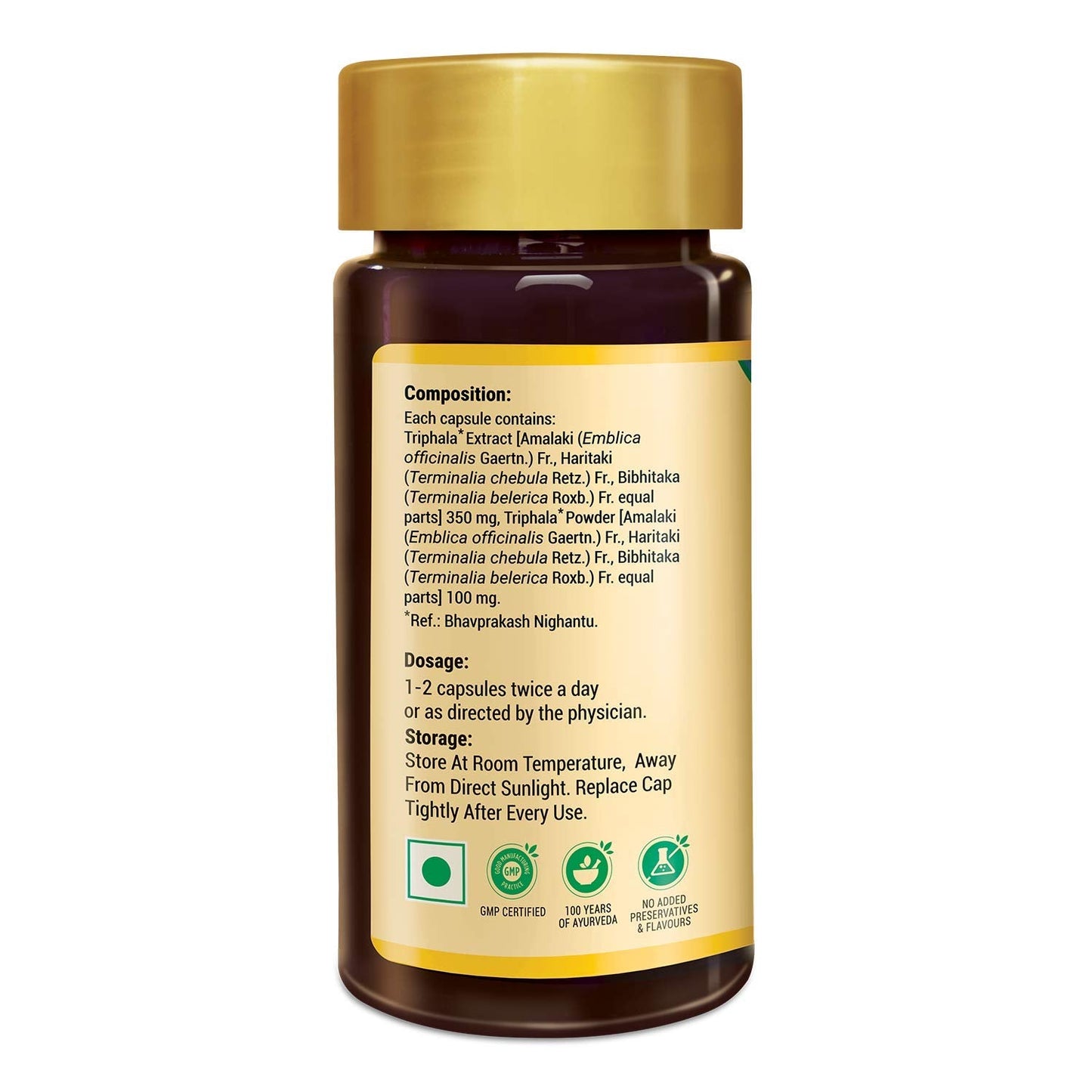Close up view of authentic Zandu Triphala capsules for easy daily digestion