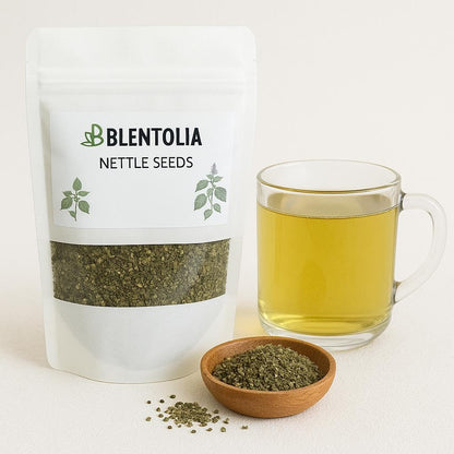 Raw nettle seeds poured out showing the mild earthy and nutty texture