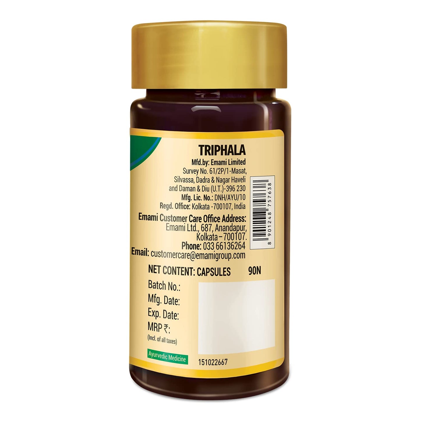 Zandu Triphala antioxidant capsules container standing upright on clean white background