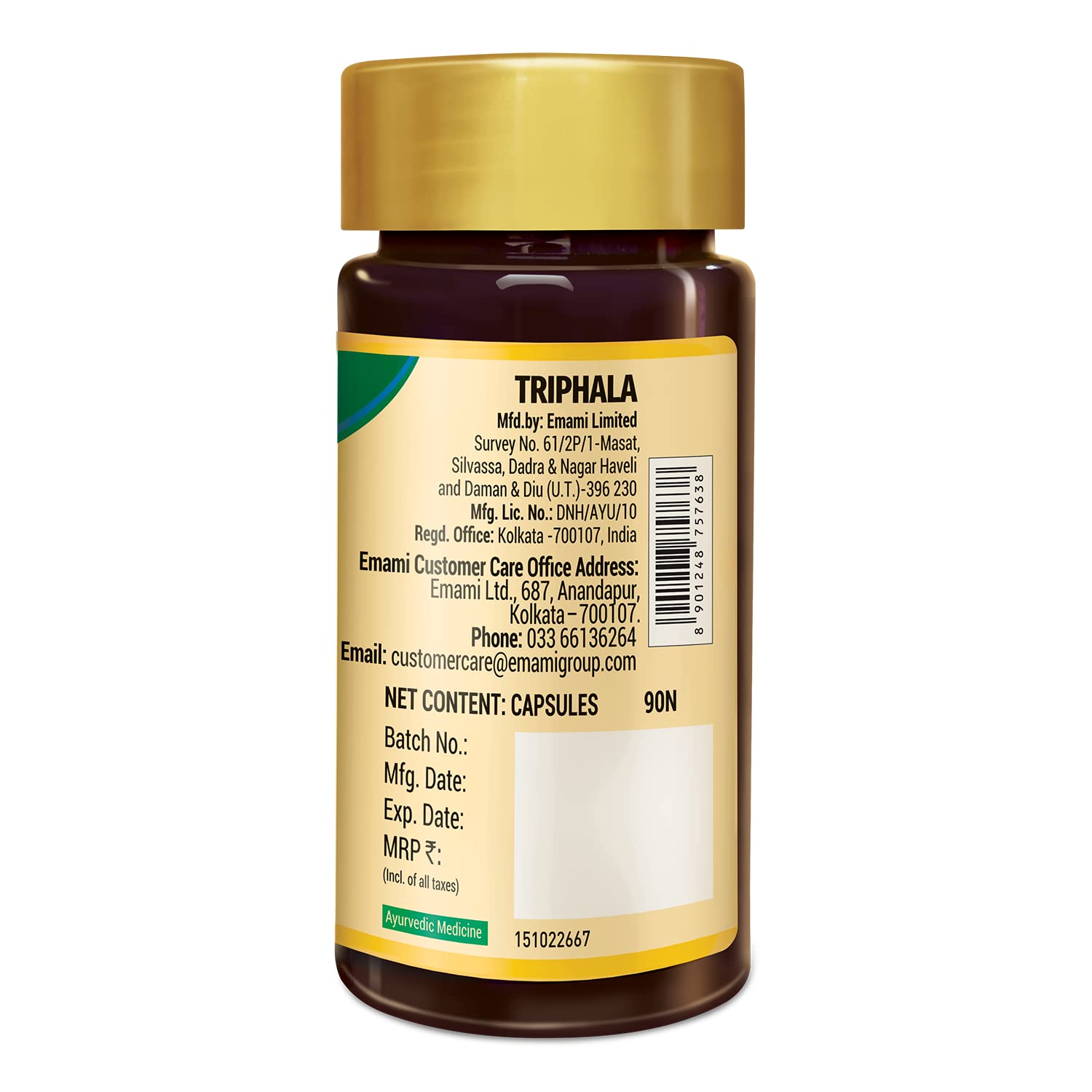 Zandu Triphala antioxidant capsules container standing upright on clean white background