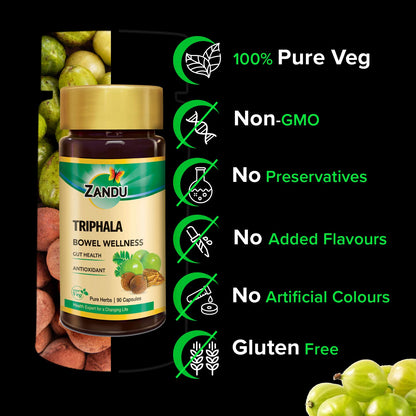 Top angle perspective of Zandu Triphala plant based vegetarian capsules supplement bottle