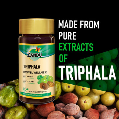 Zandu Triphala herbal formulation packaging for regular bowel regularity and detox