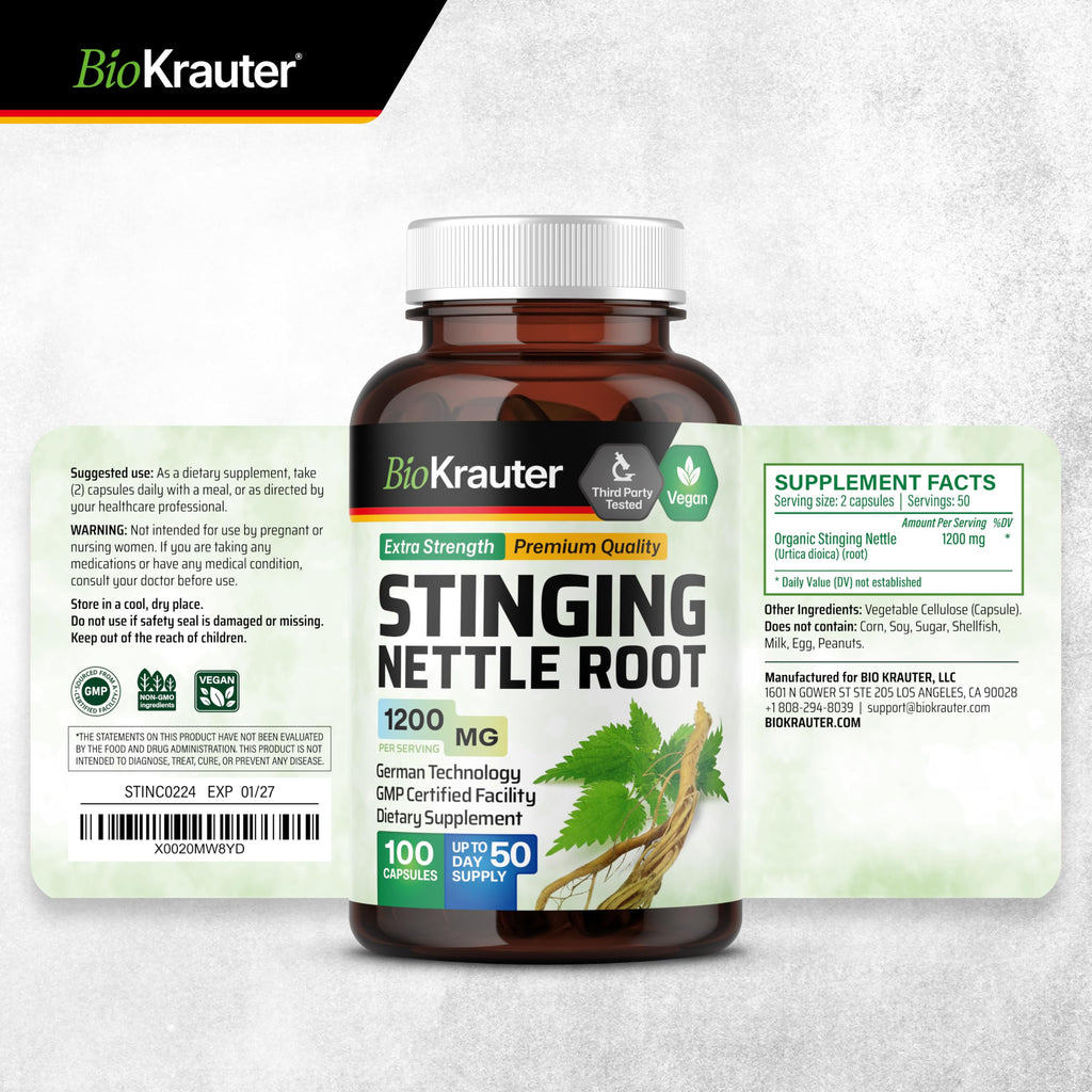 Authentic BIO KRAUTER herbal stinging nettle root extract 50 day supply bottle details