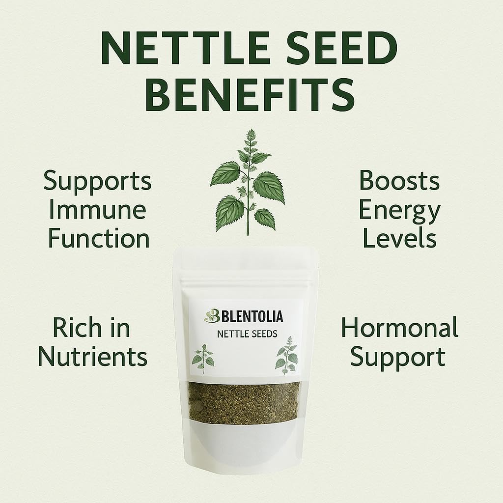 Back label of Blentolia raw nettle seeds pouch displaying nutritional facts
