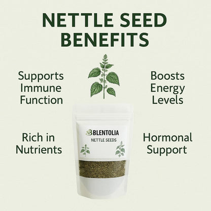 Back label of Blentolia raw nettle seeds pouch displaying nutritional facts