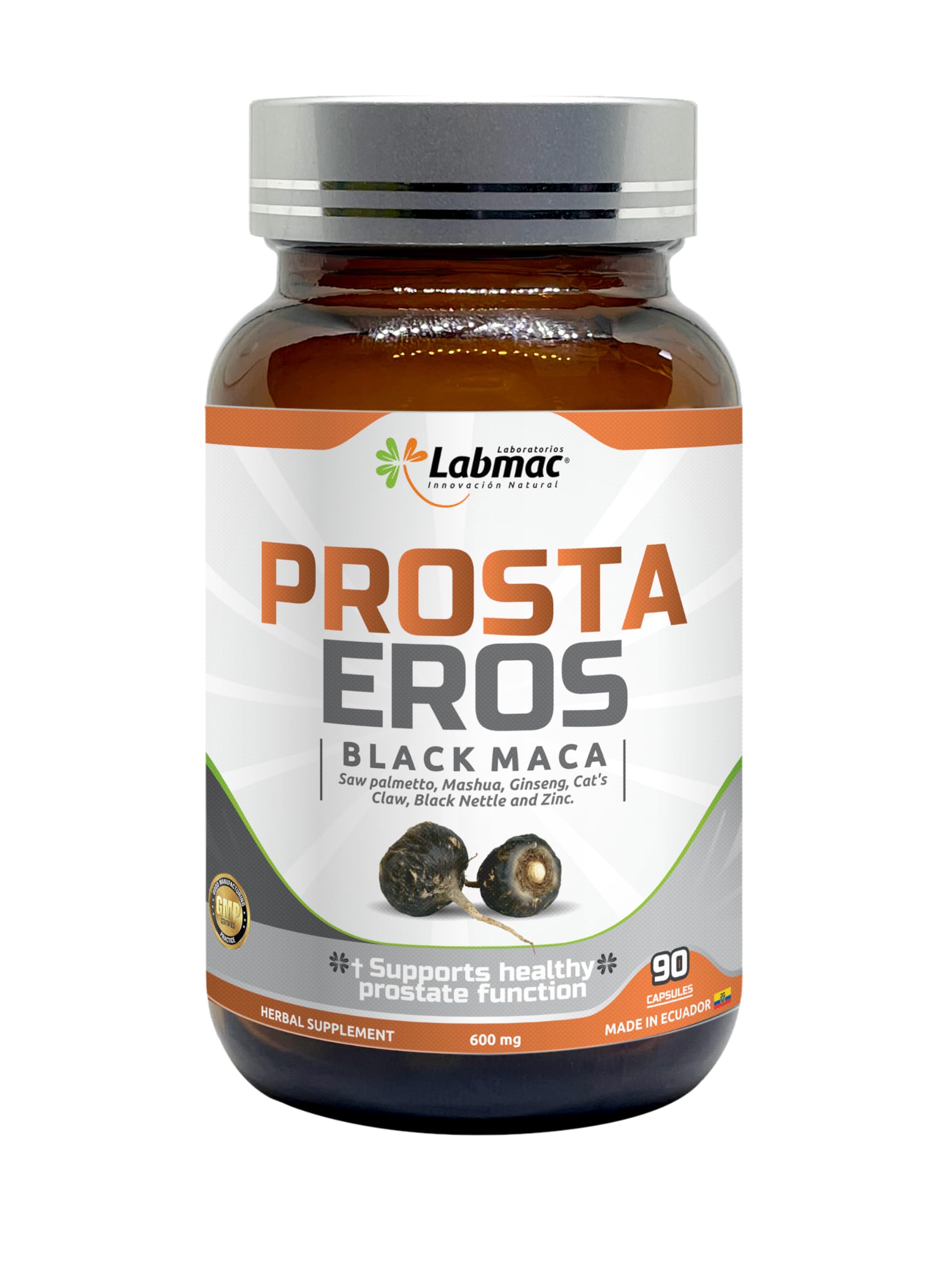 Prosta Eros men health supplement side panel showing 7 natural ingredients facts.