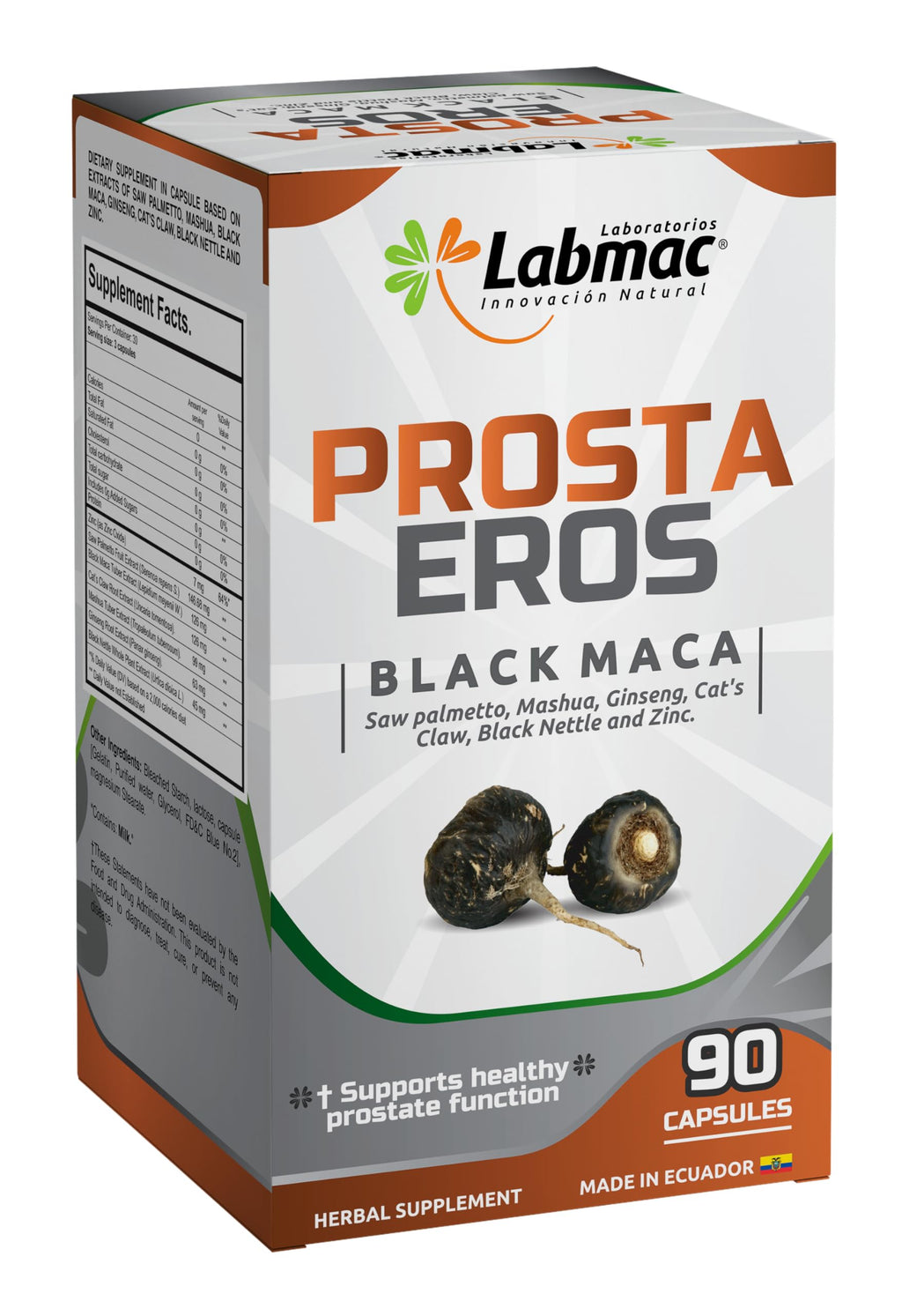 Prosta Eros prostate supplement close up of black maca and saw palmetto formula.