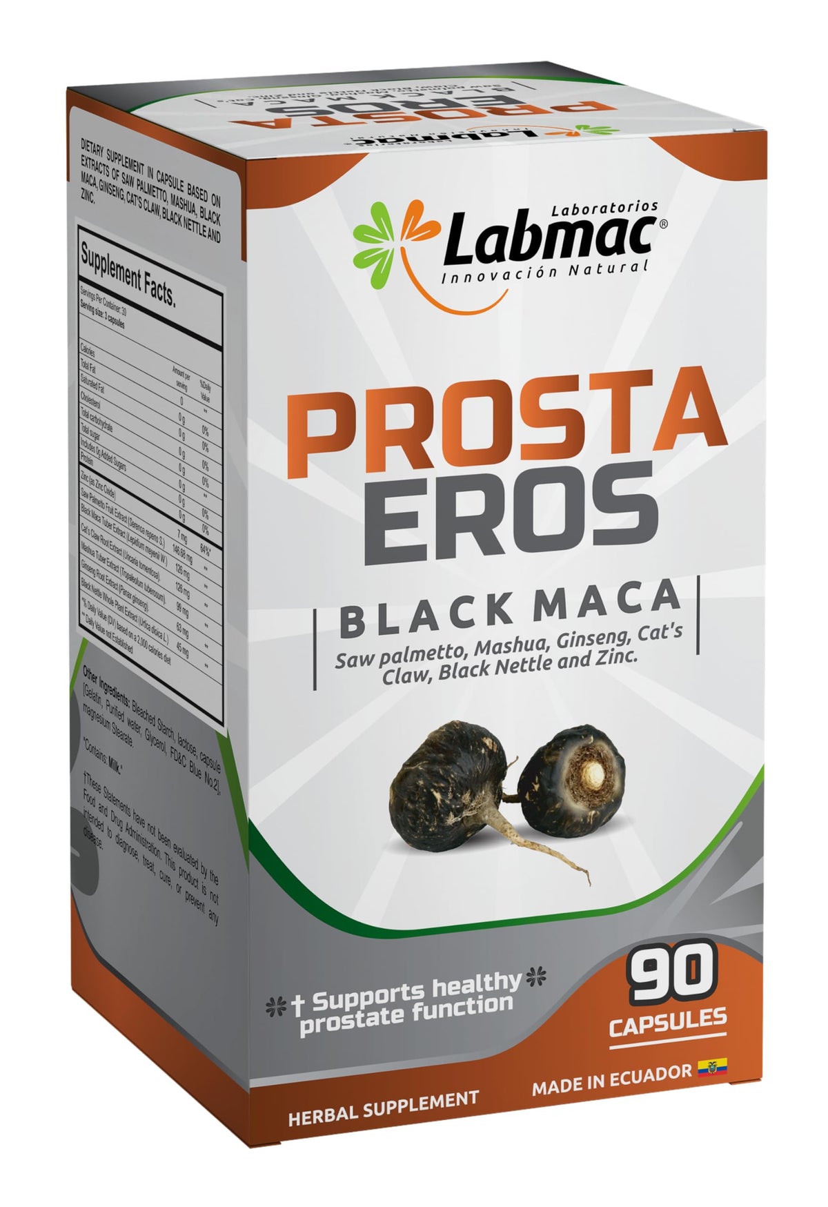 Prosta Eros prostate supplement close up of black maca and saw palmetto formula.