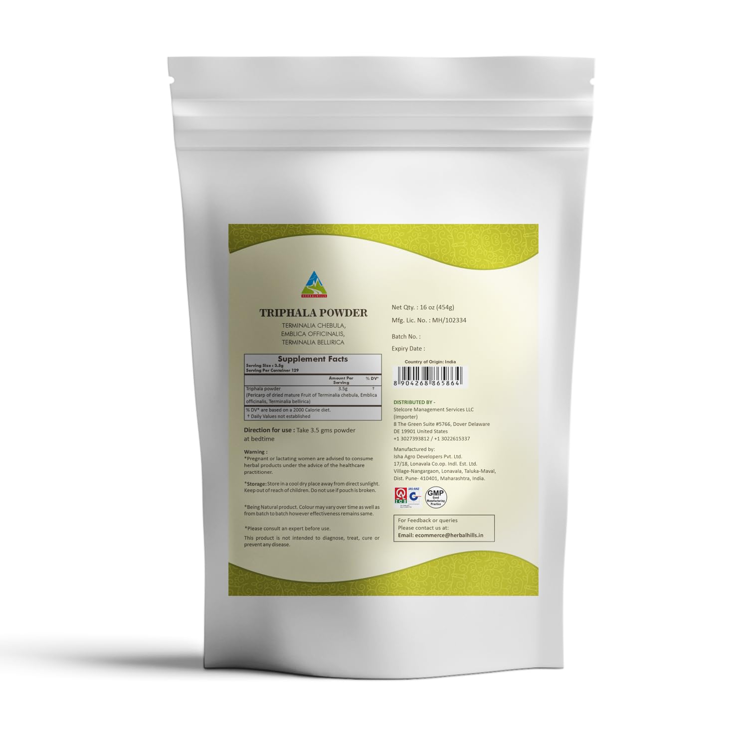Herbal Hills Triphala Churna dietary supplement nutritional facts label and organic certified ingredients.