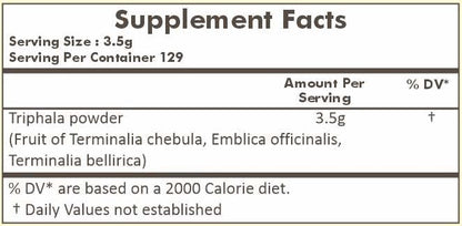 Fine texture of Ayurvedic Triphala digestion powder alongside traditional Amla, Haritaki, and Bibhitaki fruit graphics.