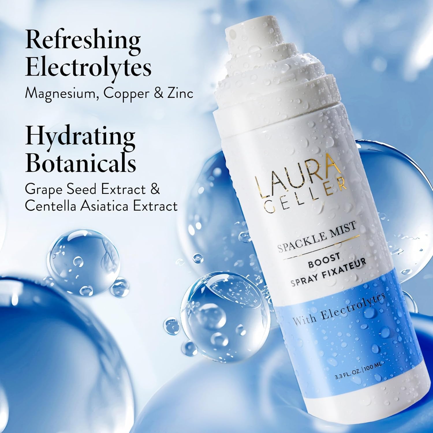 Laura Geller setting spray with electrolytes showing the fine mist nozzle detail