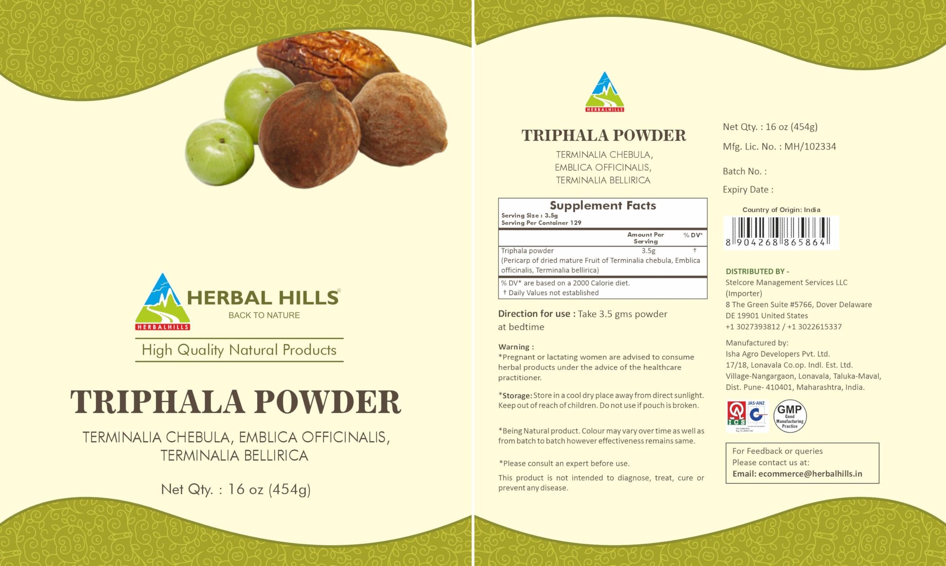 Secure 16 ounce resealable packaging of BioVitazen Herbal Hills Triphala detoxification supplement.