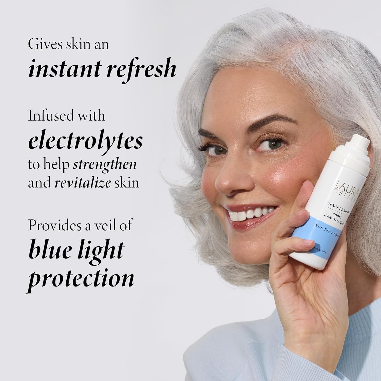 Hydrating face mist packaging highlighting blue light protection benefits