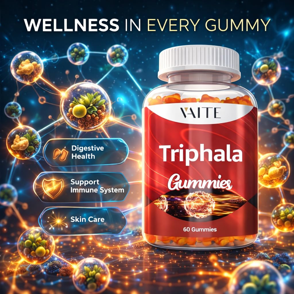 VAITE Triphala chewable supplements showing organic colon cleanse benefits.