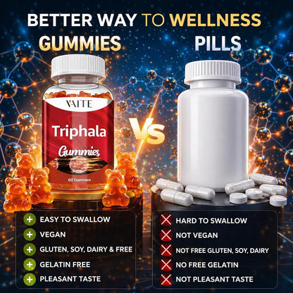 Side profile of VAITE Ayurvedic herbal gummies bottle details.