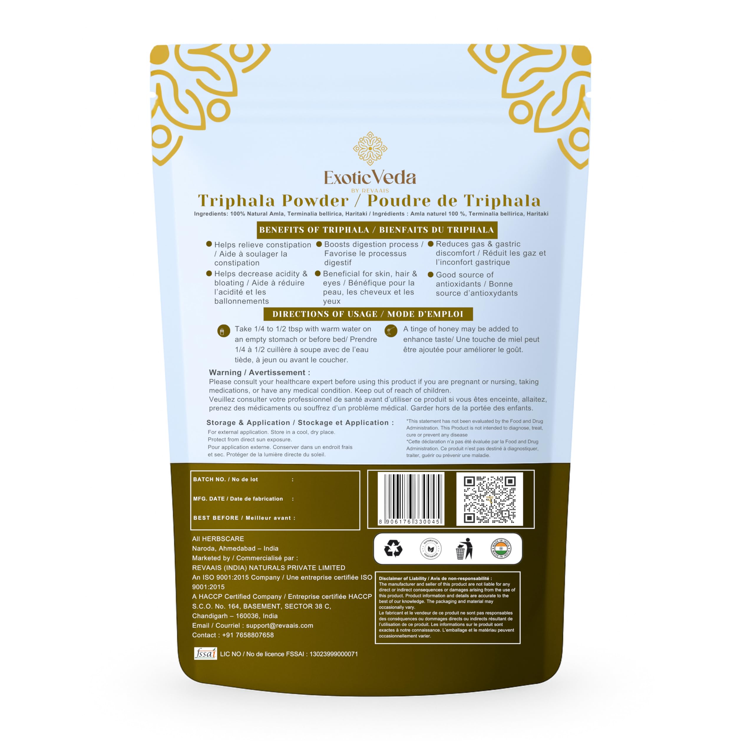 Exotic Veda Triphala Powder nutritional facts and Ayurvedic ingredient panel.