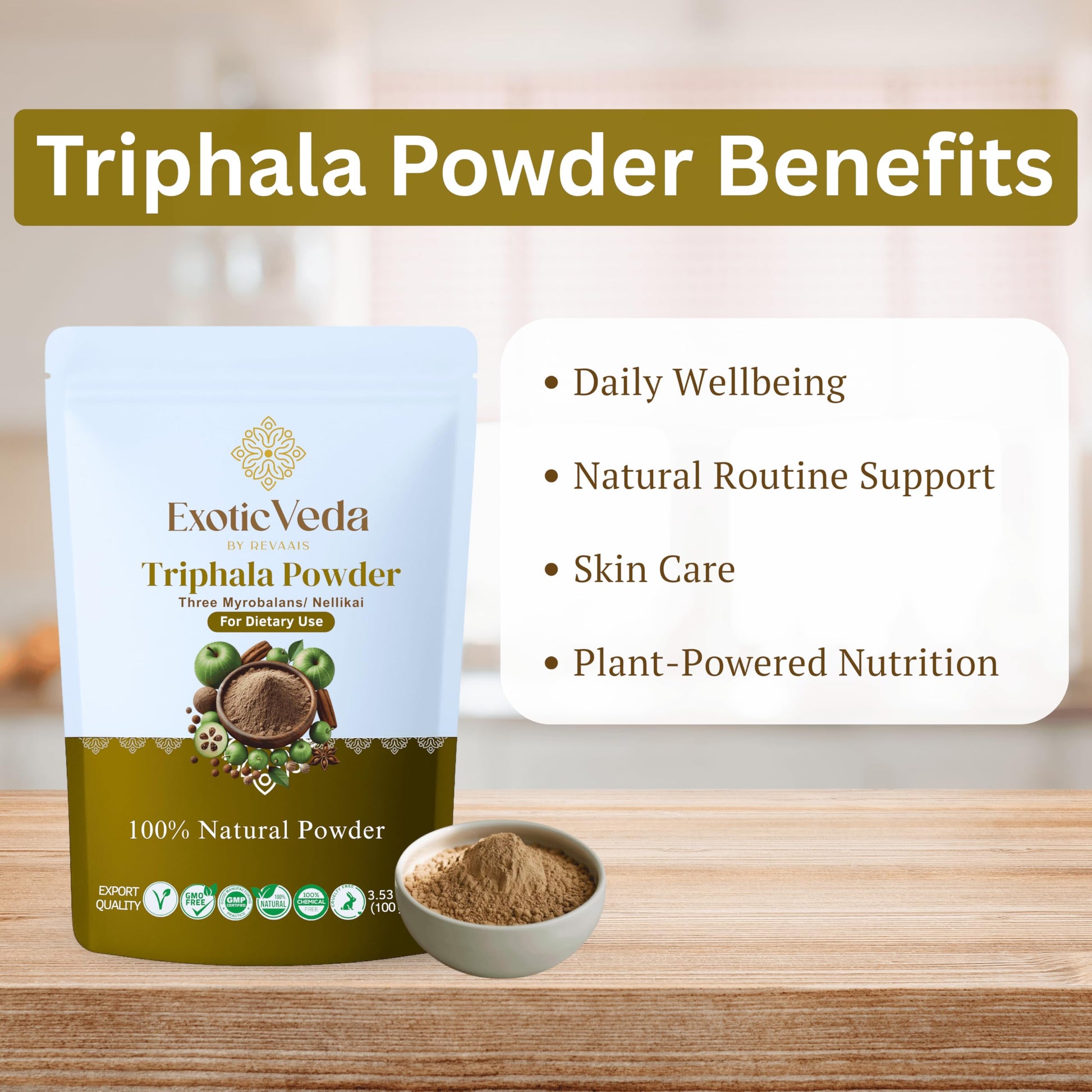 Exotic Veda herbal blend showcasing Amla Haritaki and Bibhitaki benefits.