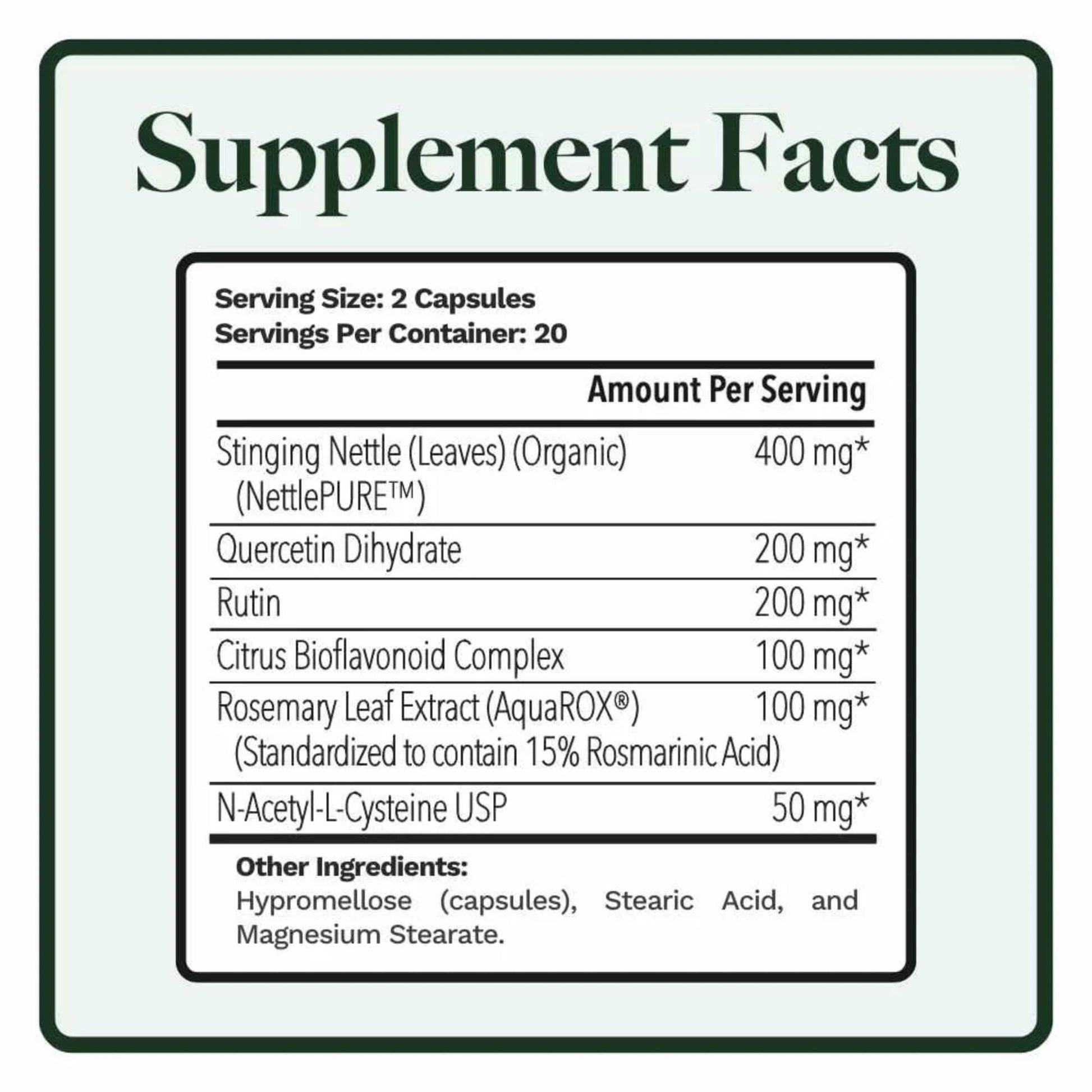 Utzy Naturals Allurtica seasonal allergy support bottle label details