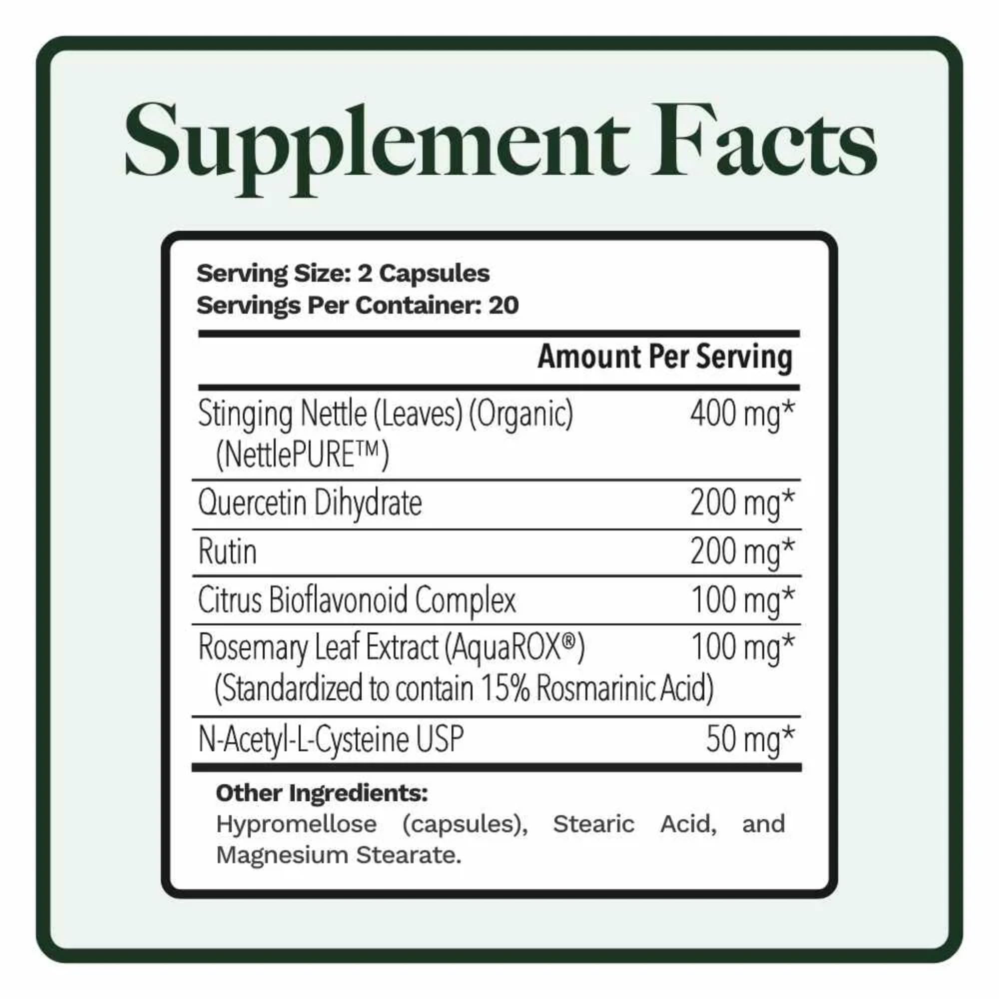 Utzy Naturals Allurtica seasonal allergy support bottle label details