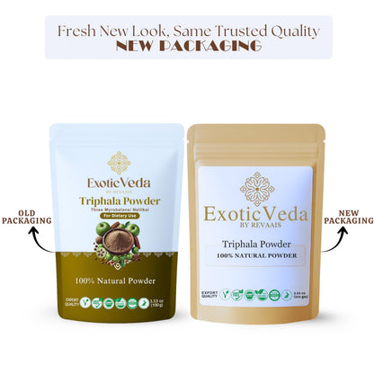Back label of Exotic Veda Triphala supplement with usage instructions.
