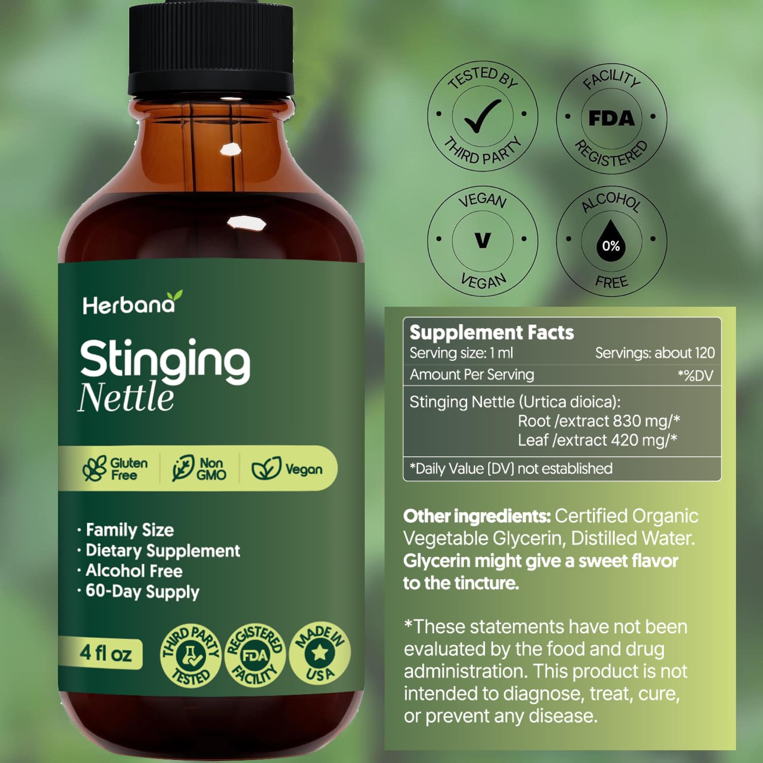Side view of Herbana Manufacturing Stinging Nettle Extract bottle highlighting the organic Urtica dioica ingredients and vegan label.