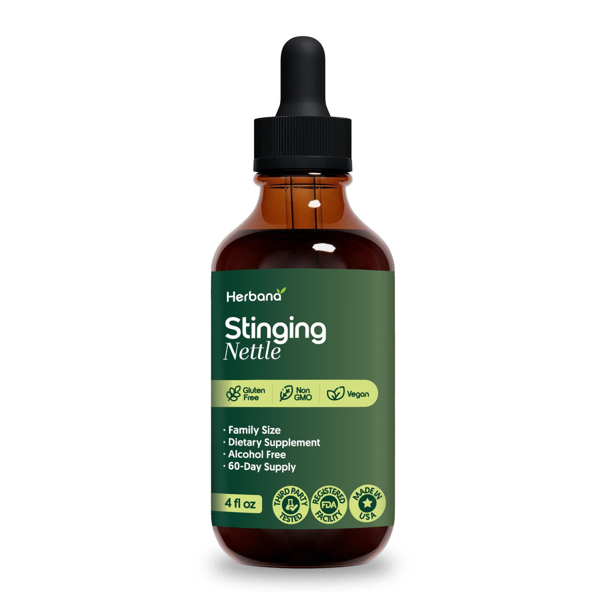 Authentic imported USA product packaging of Herbana Stinging Nettle supplement with distinct clear text and dropper tool.