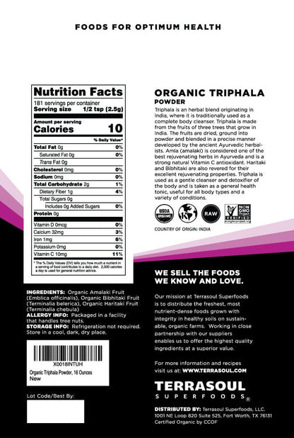 Terrasoul Superfoods Triphala herbal cleanser powder packaging highlighting USDA Organic and Non GMO badges.